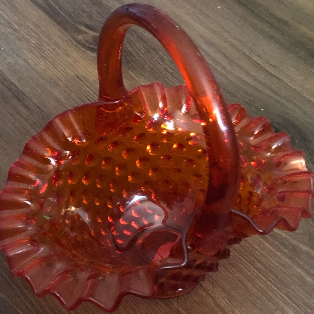 RARE Fenton Ruffled Glass Basket Orange Red Amberina Hobnail Handled Vtg Glow
